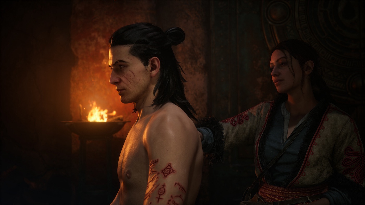Two characters stand in a red-lit medieval scene