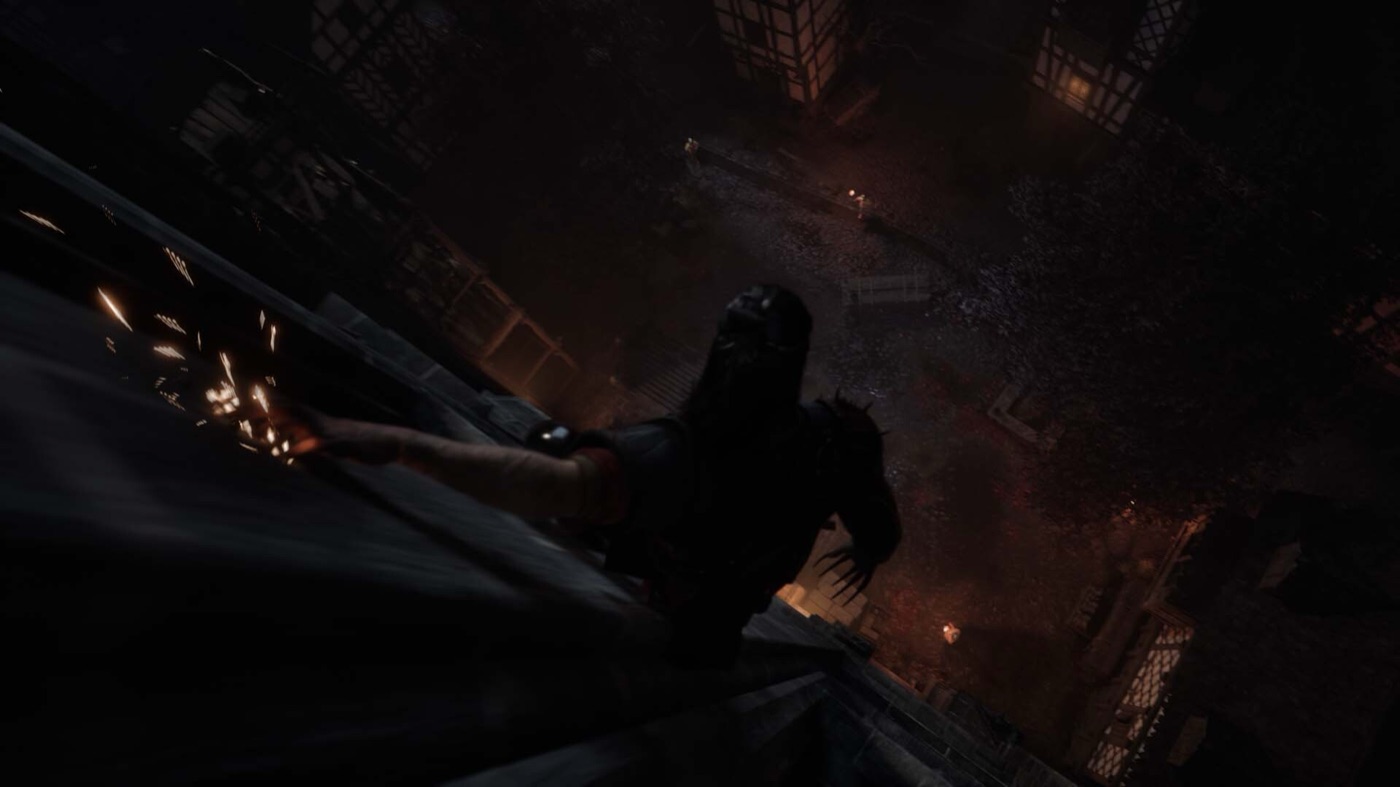 A character moves through a fiery medieval combat scene