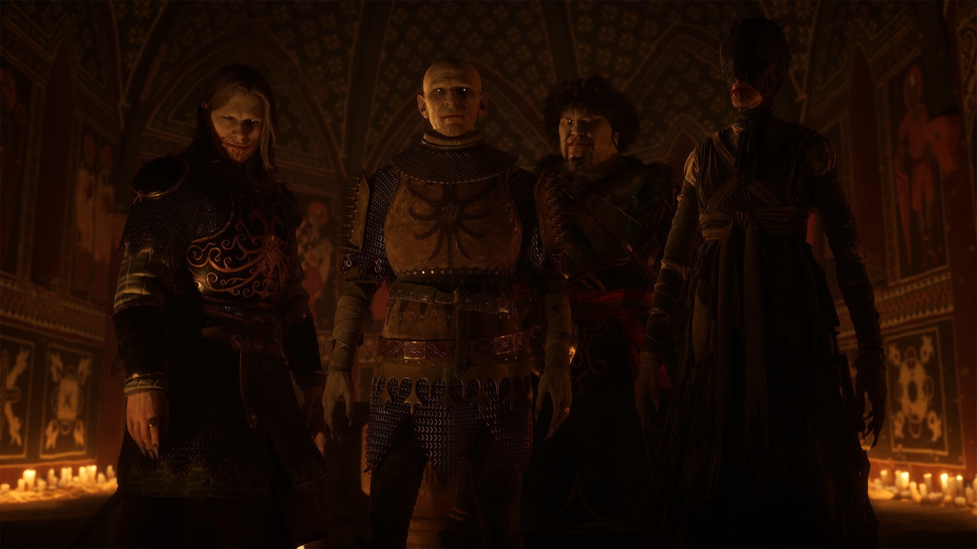 A group of characters gathered in a dim medieval interior